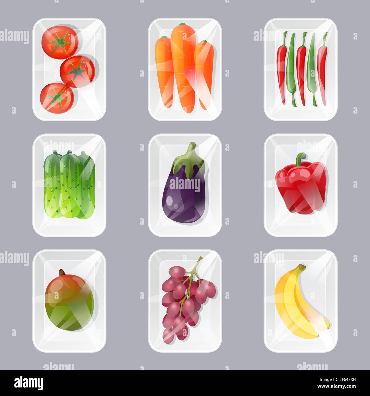 Plastic trays with fresh fruits and vegetables with wrapping by transparent film. Vector cartoon set of package fresh food in styrofoam containers in supermarket and store Stock Vector