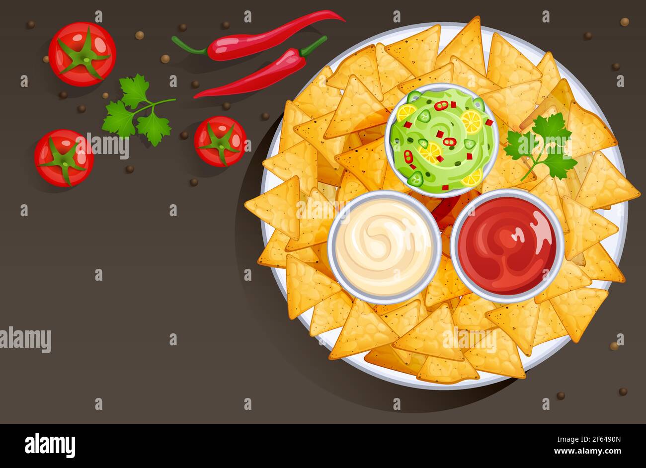 Dish with nacho chips and sauces in bowls, mexican food with dressings. Vector cartoon background with corn tortilla triangle chips on plate with salsa, ketchup, mayonnaise and guacamole Stock Vector