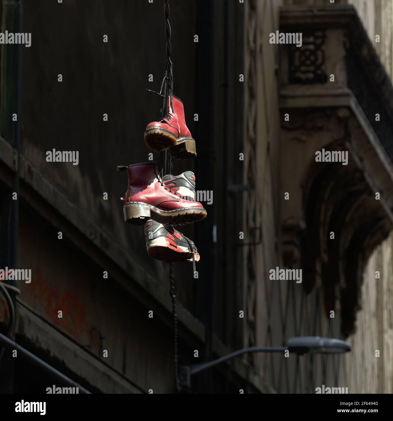 Shoes thrown over power lines Stock Photo Alamy