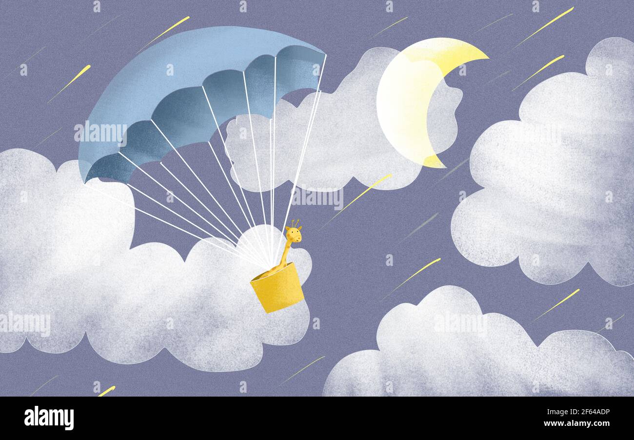 Illustration for a children's room, a little giraffe in a hot air balloon flies up against the background of a cloudy evening sky Stock Photo