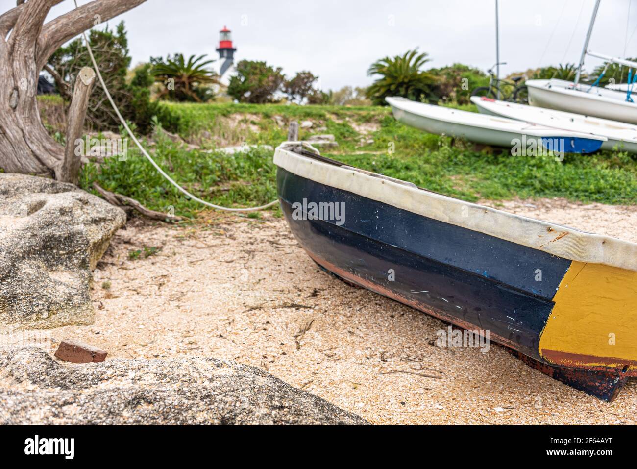 Tethered rowboat along the shoreline of Salt Run at Lighthouse Park on Anastasia Island in St. Augustine, Florida. (USA) Stock Photo
