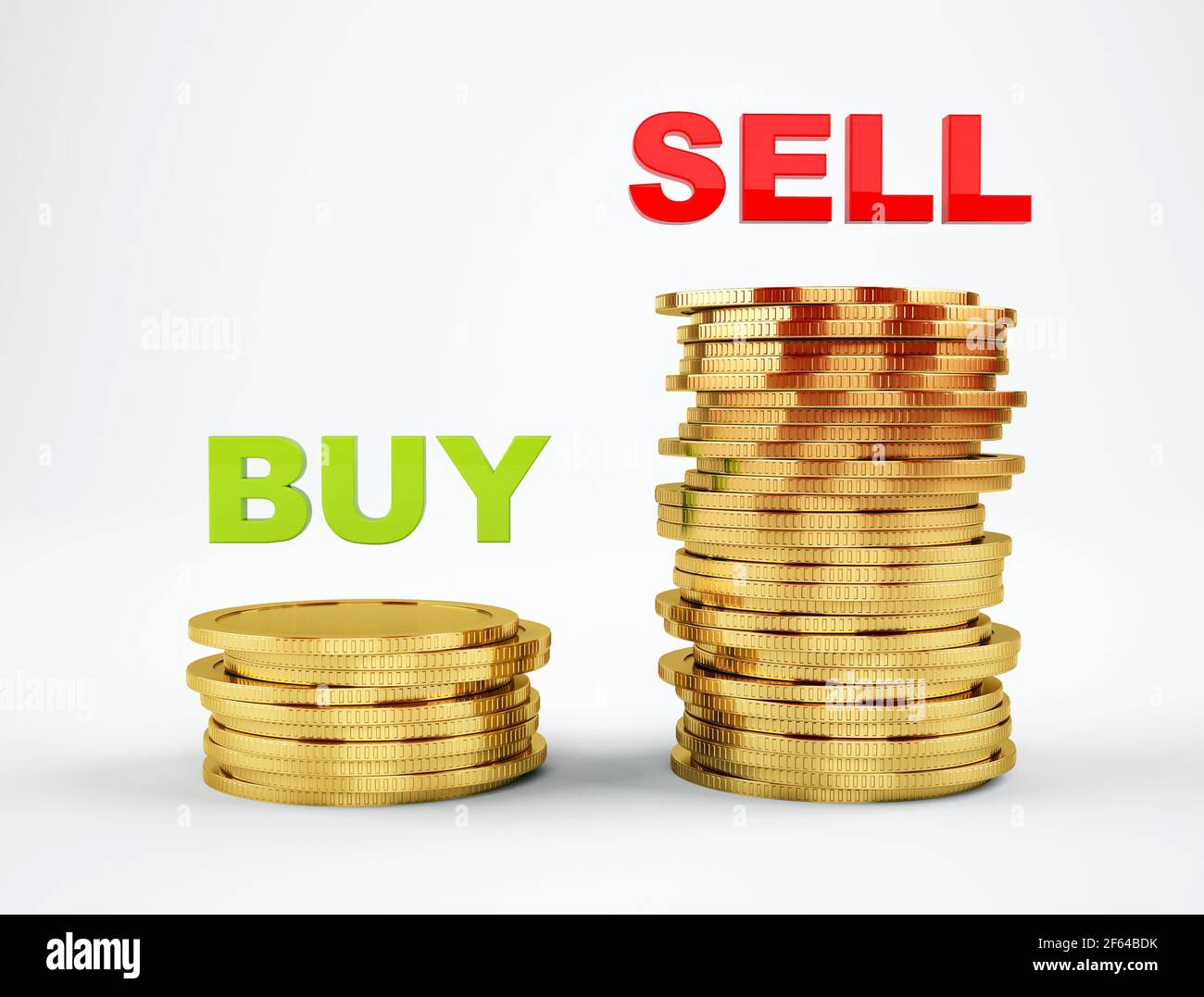 3d Stacks of increasing amount of coins with Buy Low and Sell High signs isolated on white