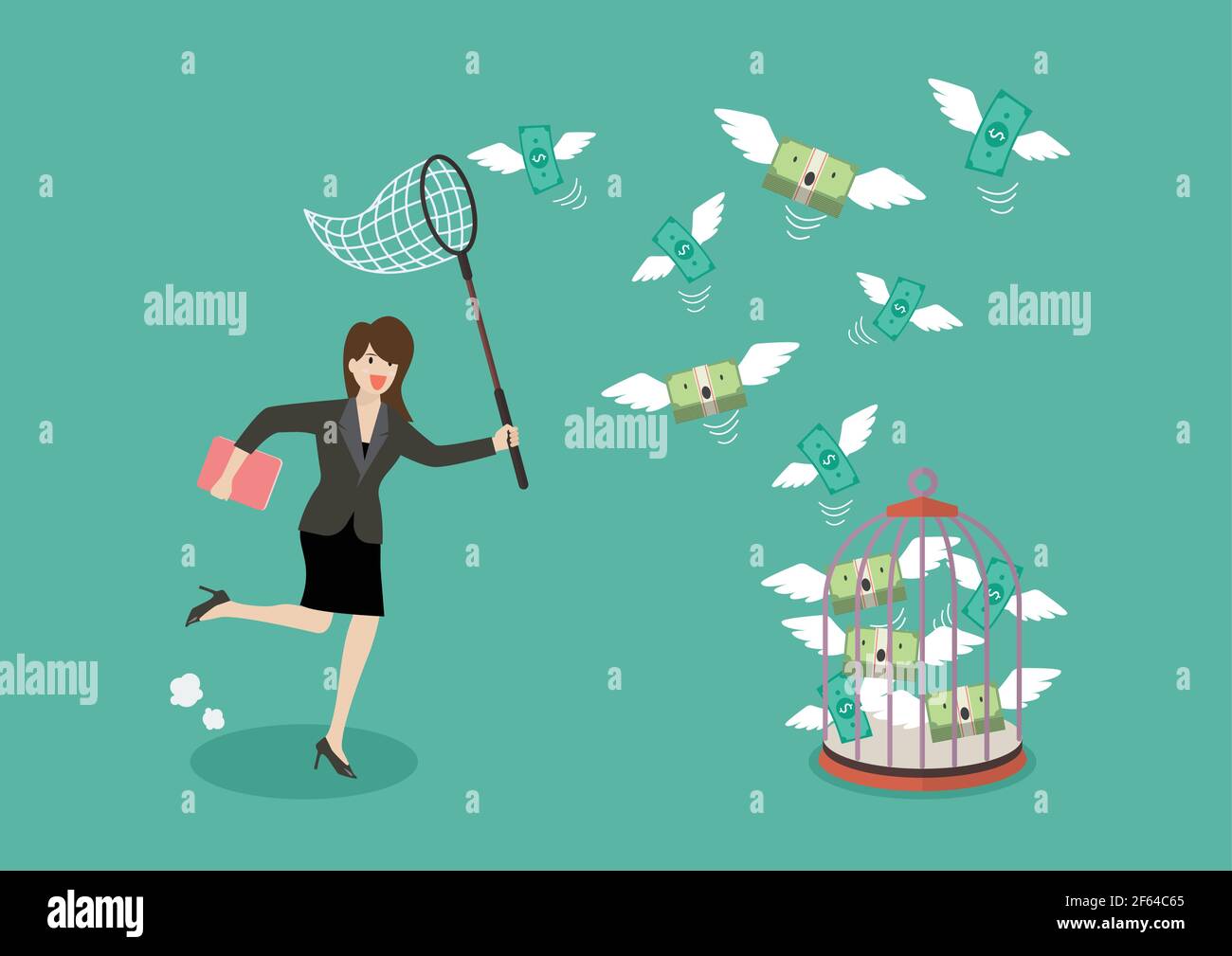 Business woman trying to catch flying money into birdcage. Business ...