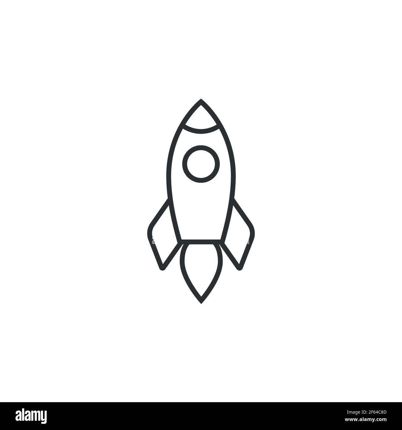 Outline rocket ship with fire. Isolated on white. Flat line icon. Vector illustration with flying rocket. Space travel. Project start up sign. Creativ Stock Vector