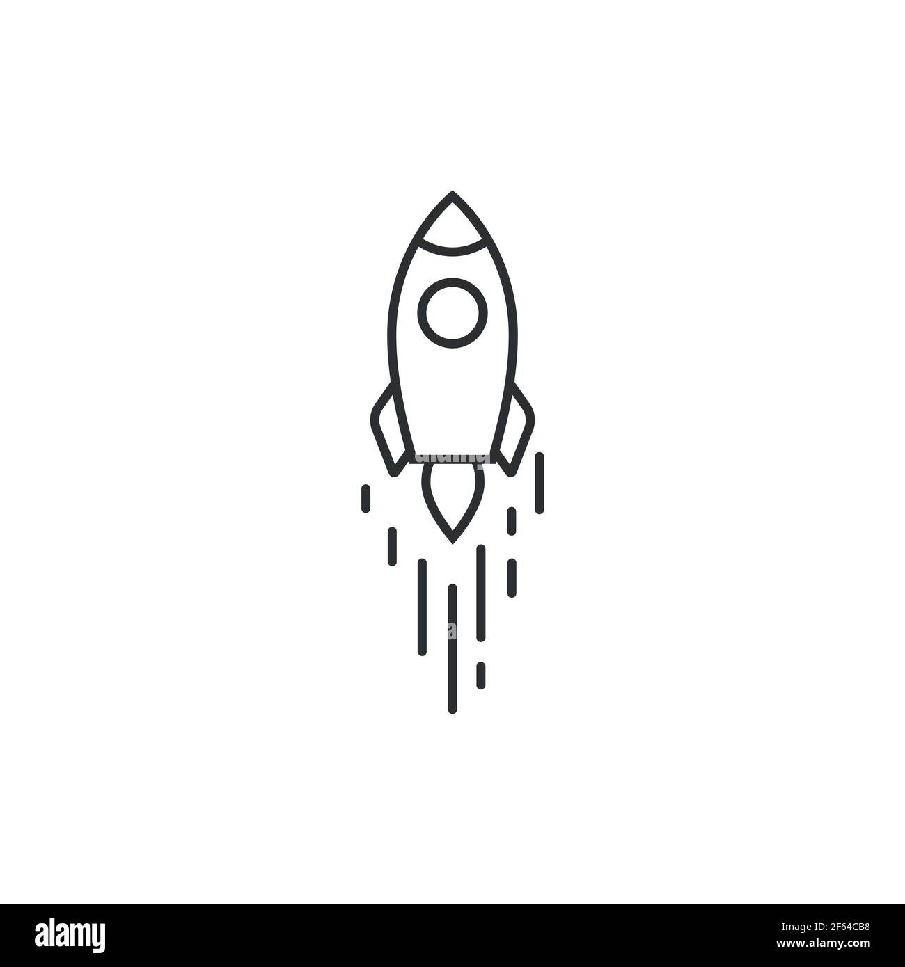 Outline rocket ship with fire. Isolated on white. Flat line icon. Vector illustration with flying rocket. Space travel. Project start up sign. Creativ Stock Vector