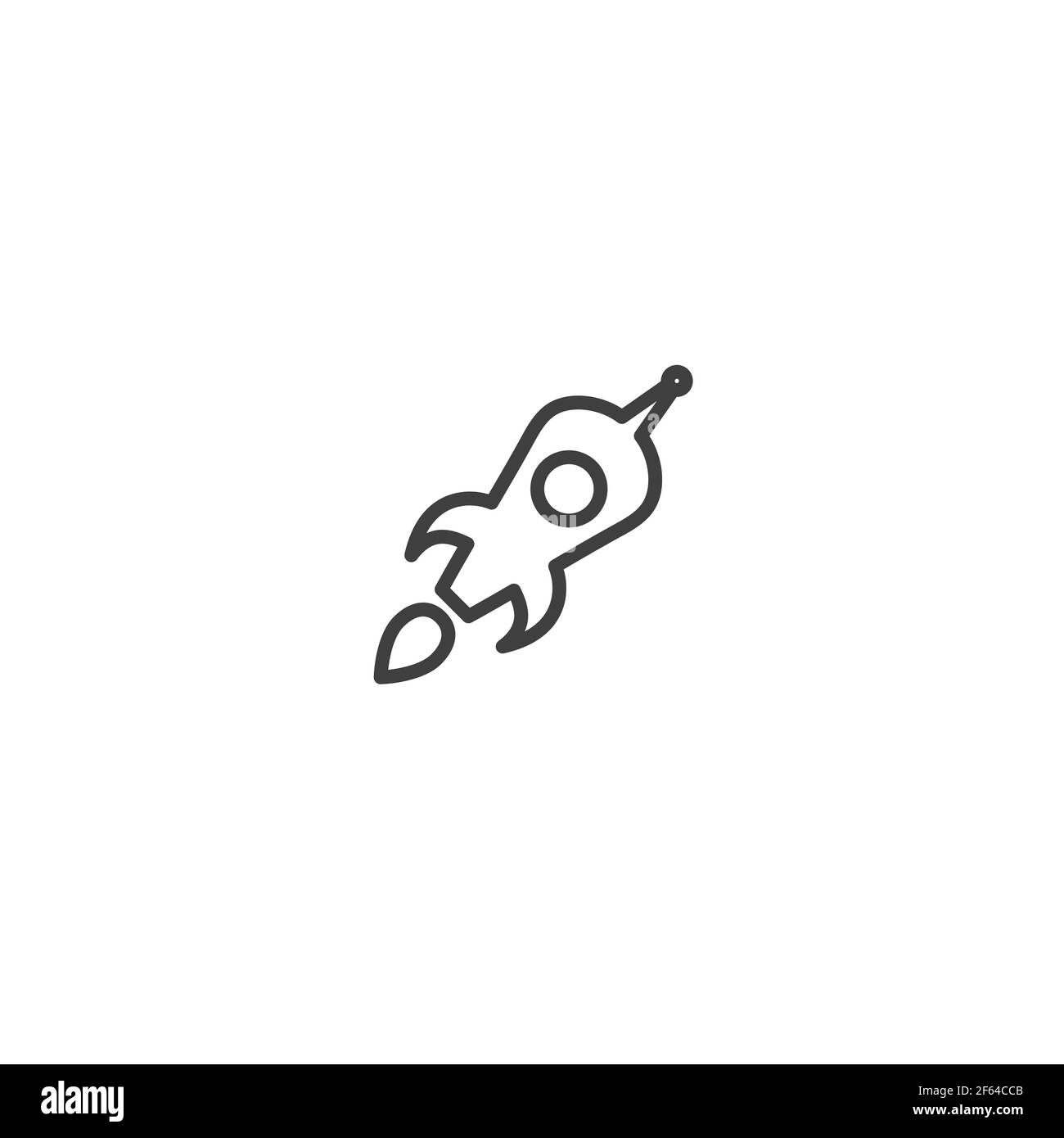 Outline rocket ship with fire. Isolated on white. Flat line icon. Vector illustration with flying rocket. Space travel. Project start up sign. Creativ Stock Vector