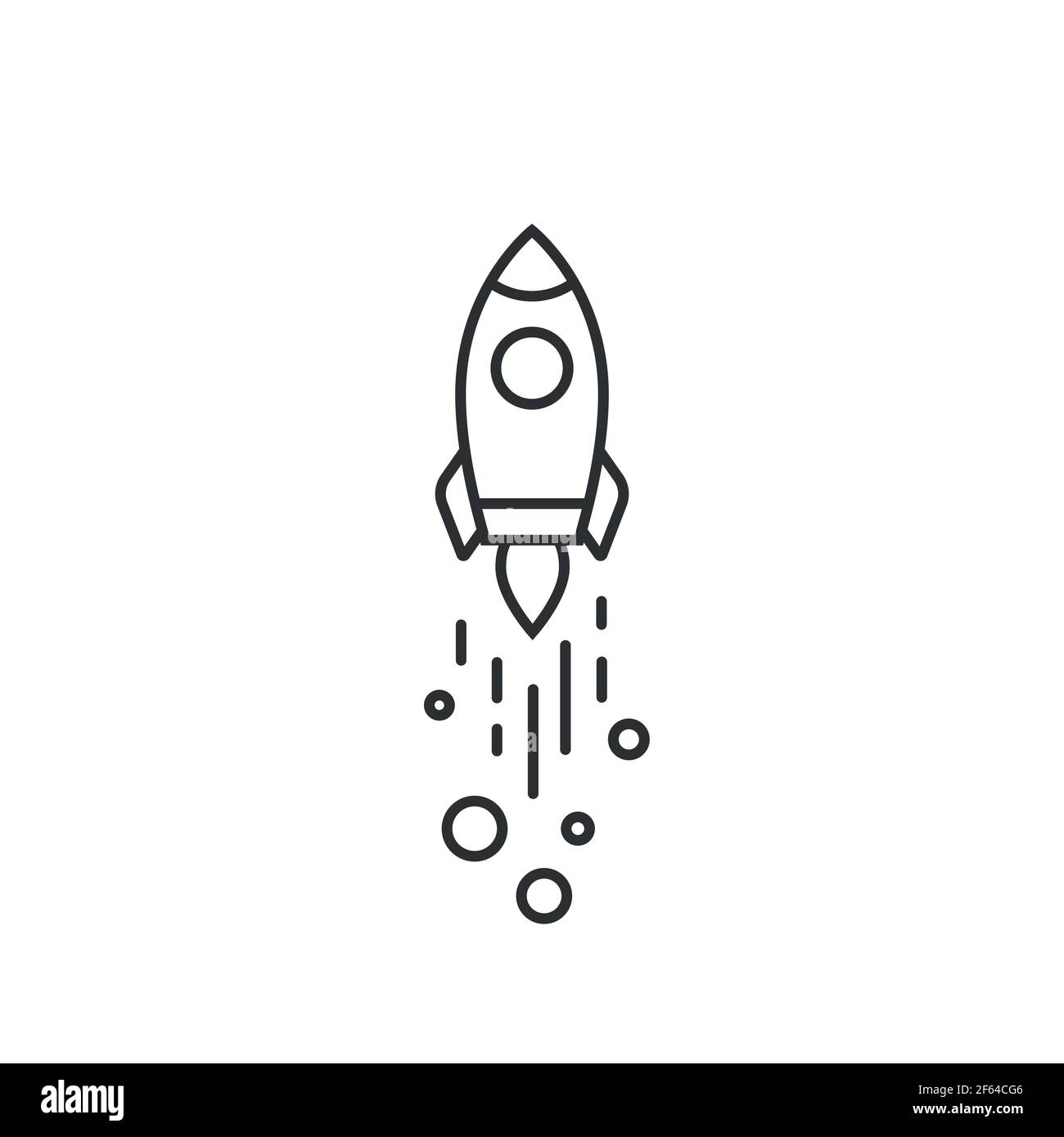 Outline rocket ship with fire. Isolated on white. Flat line icon. Vector illustration with flying rocket. Space travel. Project start up sign. Creativ Stock Vector