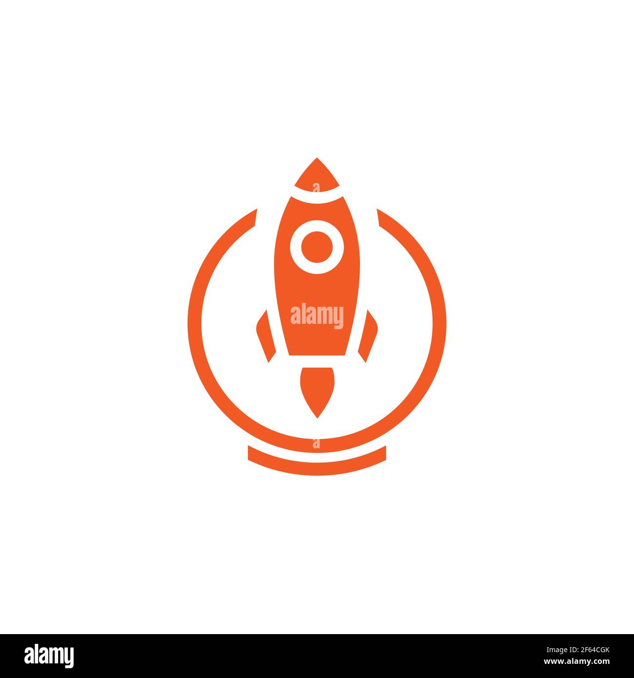 rocket ship with fire flying in the circle isolated on white. Flat line icon. Vector illustration with flying rocket. Space travel. Project start up s Stock Vector