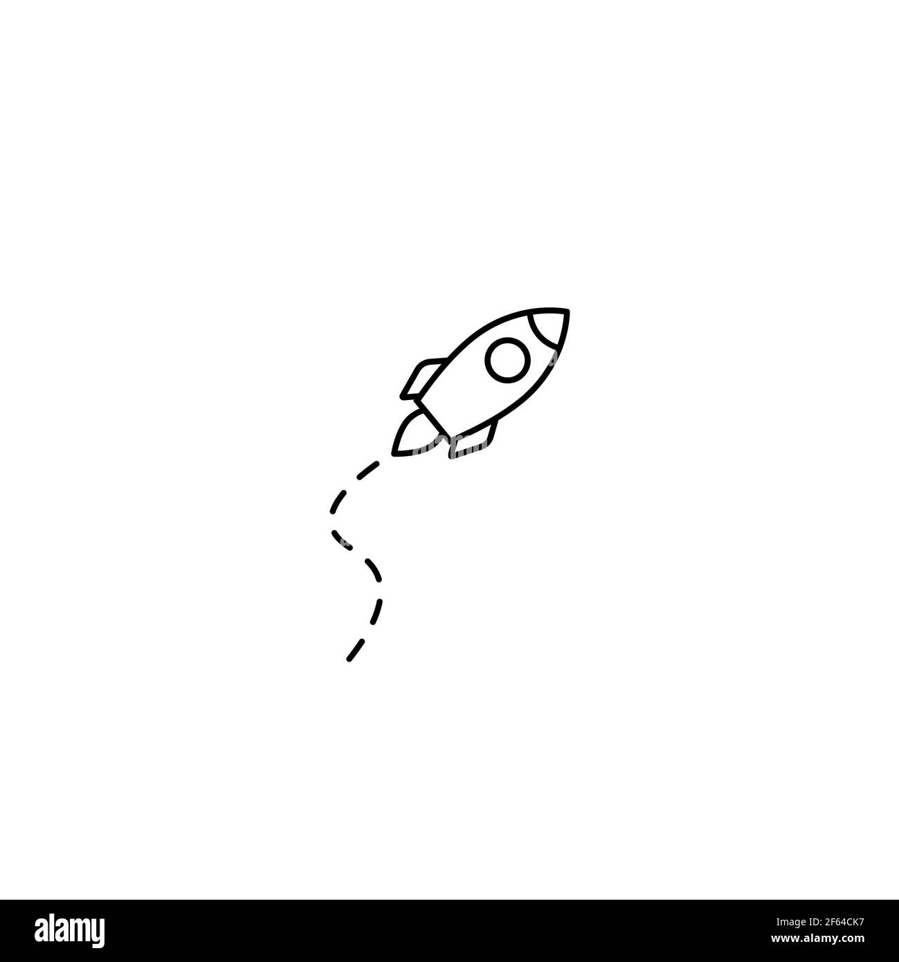 line rocket ship with dash-dot line tracke or trace . Isolated on white. Flat line icon. Vector illustration with flying rocket. Space travel. Project Stock Vector