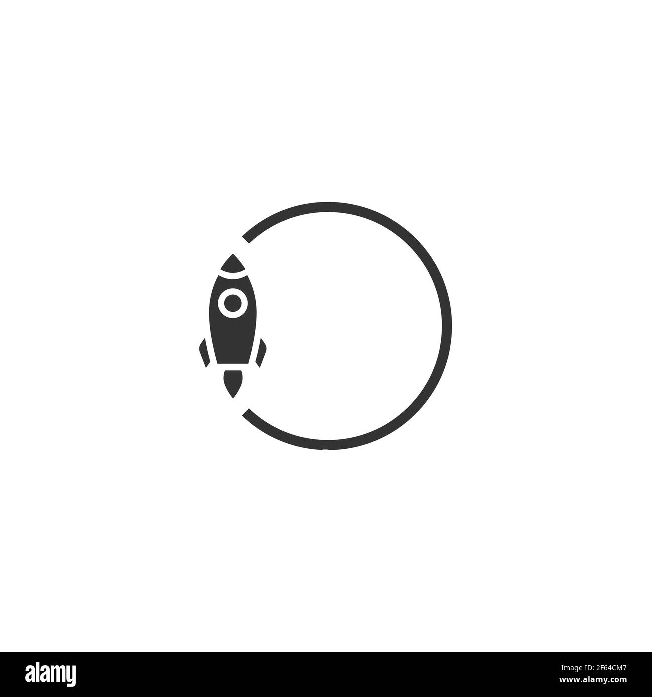 rocket ship with fire flying in the circle isolated on white. Flat line icon. Vector illustration with flying rocket. Space travel. Project start up s Stock Vector