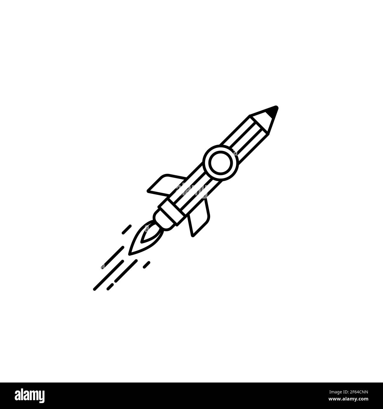 Outline pencil rocket ship with fire. Isolated on white. Flat line icon. Vector illustration with flying pencil. Creativity sign. Creative idea symbol Stock Vector