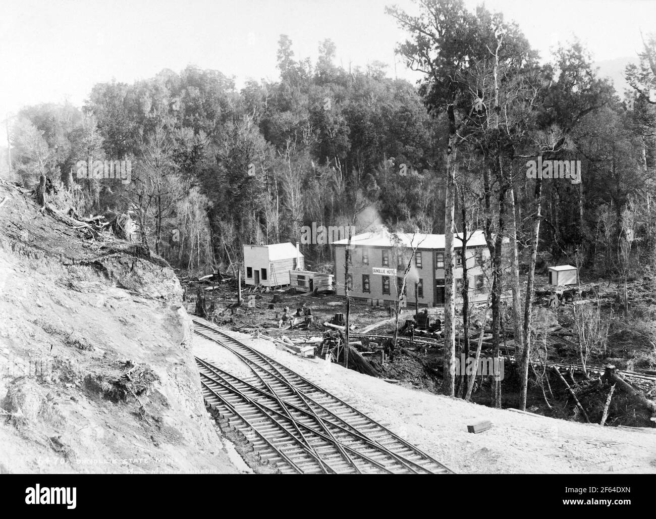Hotel at Dunollie state coal mine, New Zealand, circa 1910. Photo by Muir Moodie of Dunedin Stock Photo
