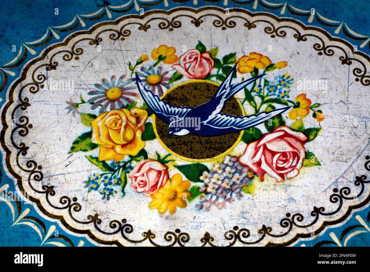 A vintage Blue Bird toffees tin lid detail. Stock Photo