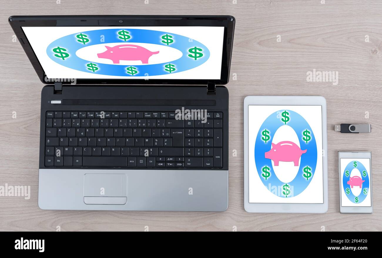 Saving money concept shown on different information technology devices Stock Photo