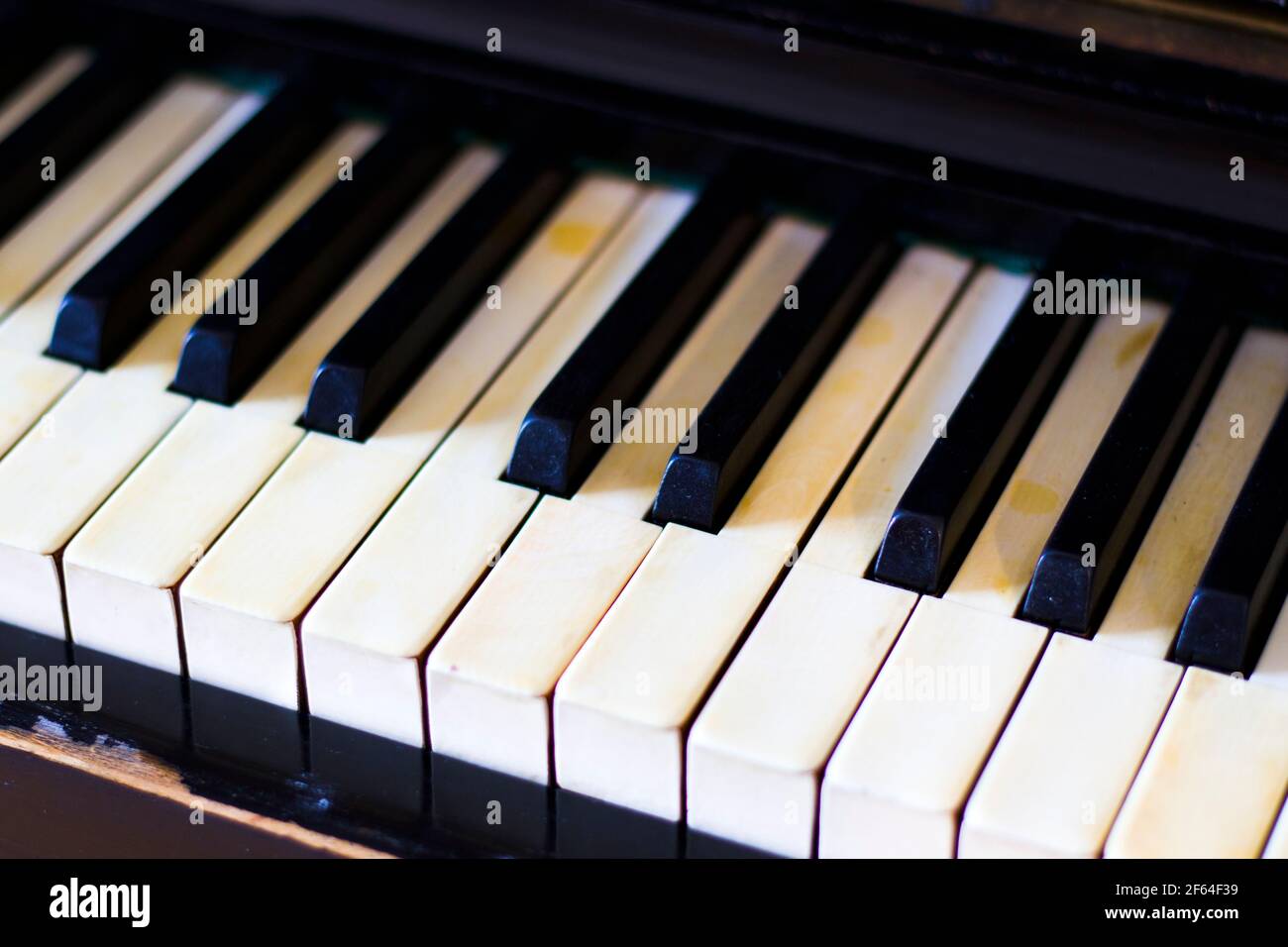Piano keyboard, black and white key, close-up and macro, retro and vintage piano, music instrument Stock Photo