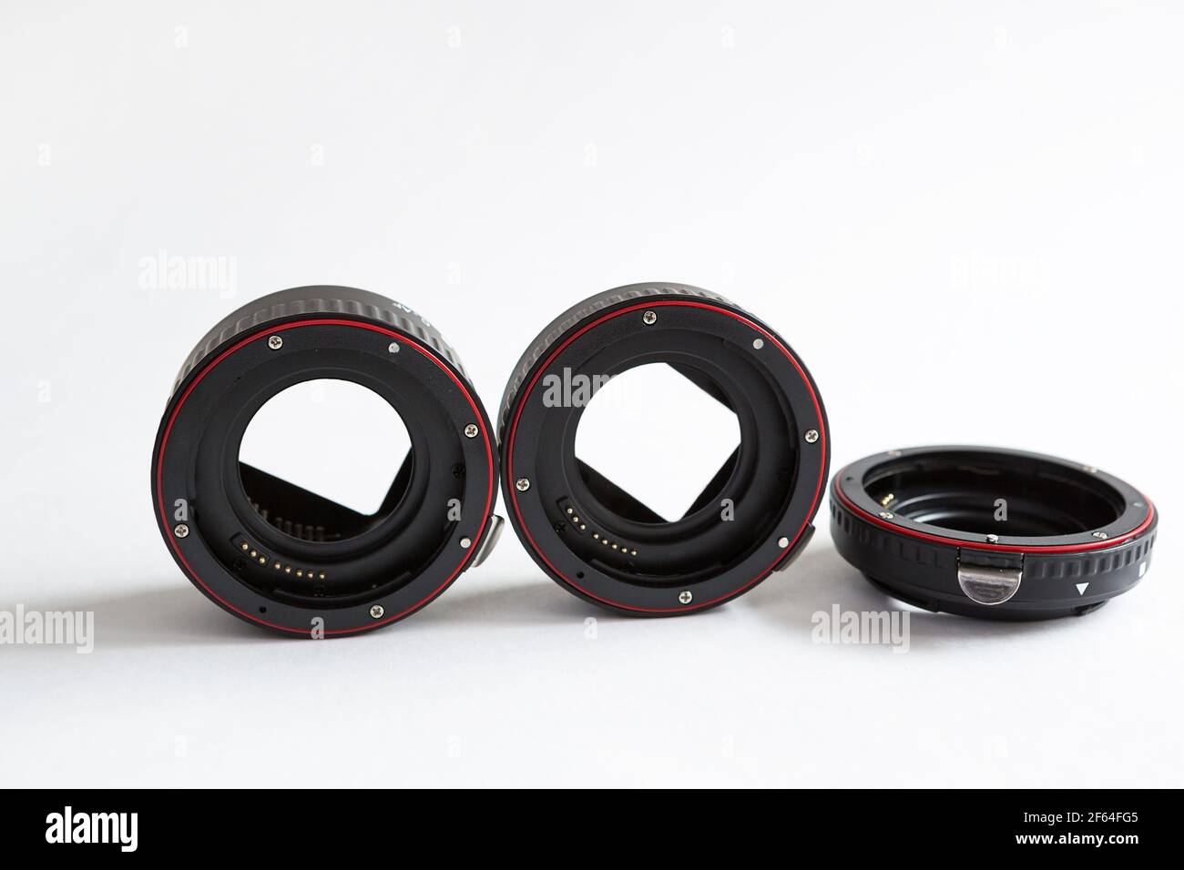 Macro rings for camera lens close-up on a gray background. Professional ...