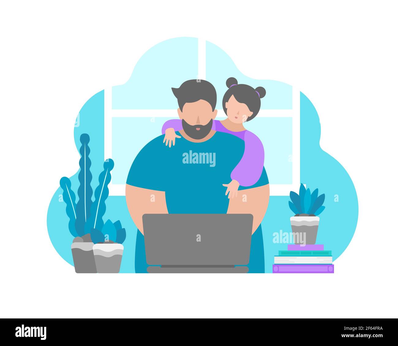 Vector illustration in flat style. Daughter interrupt and distract father sitting with laptop at home. Difficulties of remote work in quarantine time Stock Vector