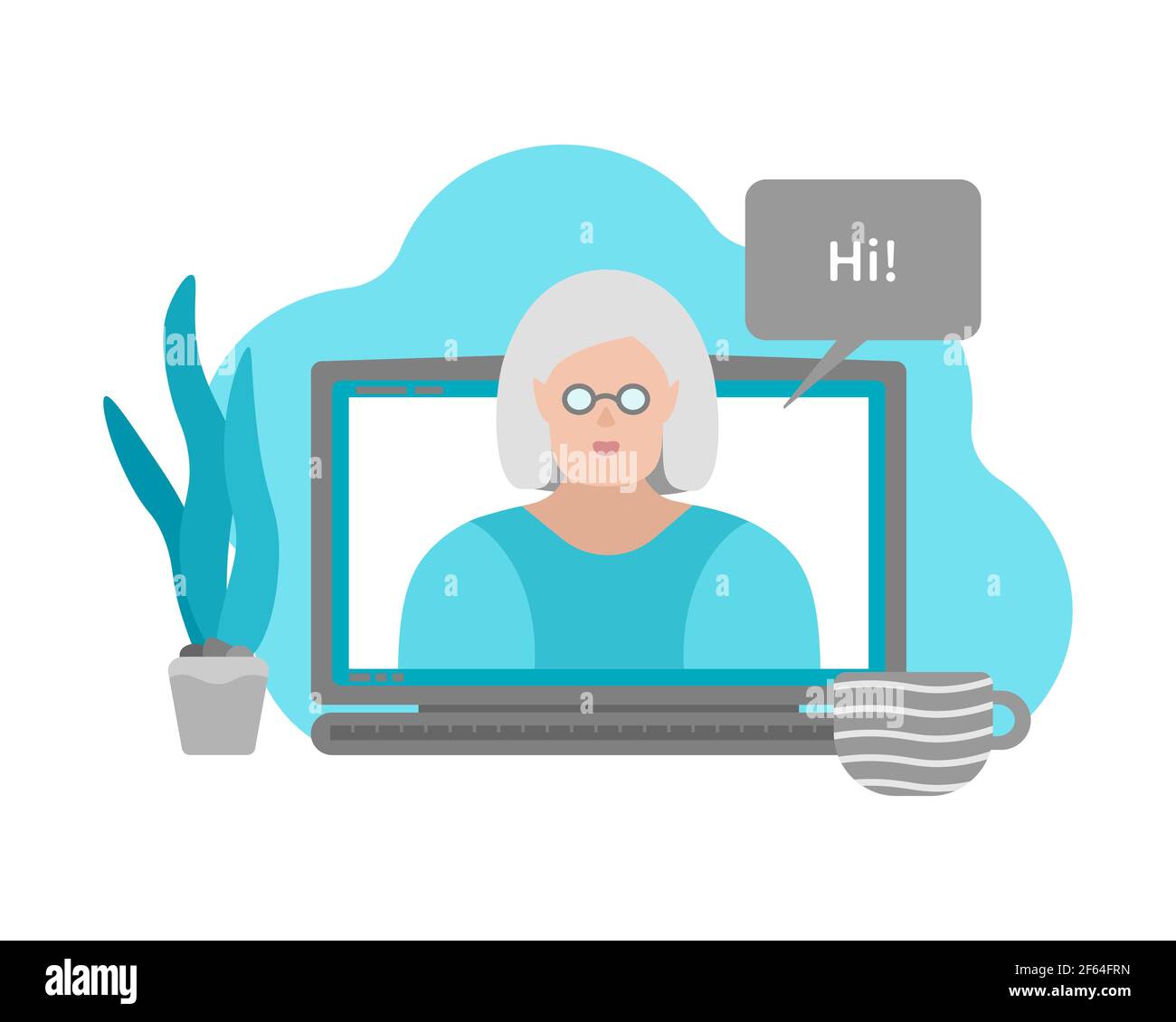 Vector isolated illustration with display of laptop and elderly woman on screen. Online chat with family and friends, or find love on dating sites Stock Vector