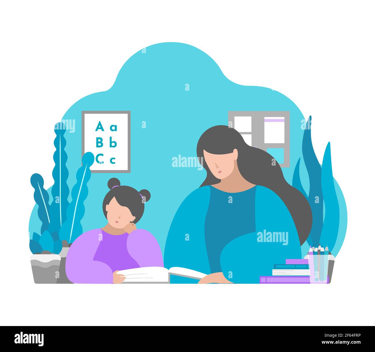 Vector Illustration In Flat Style Mother And Child Sit In Room Learn Read Book Education In Quarantine Time Making Homework With Parent S Help Stock Vector Image Art Alamy