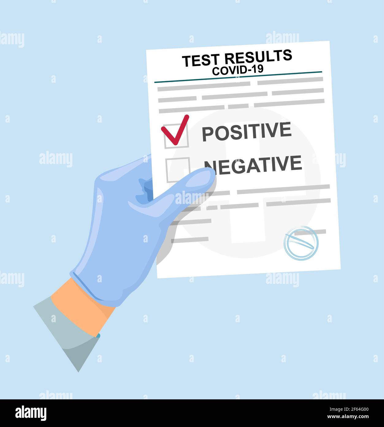 Form with test results for coronavirus from a medical laboratory in the hand of a doctor. Diagnosis of coronavirus by blood from a test tube. Test Stock Vector