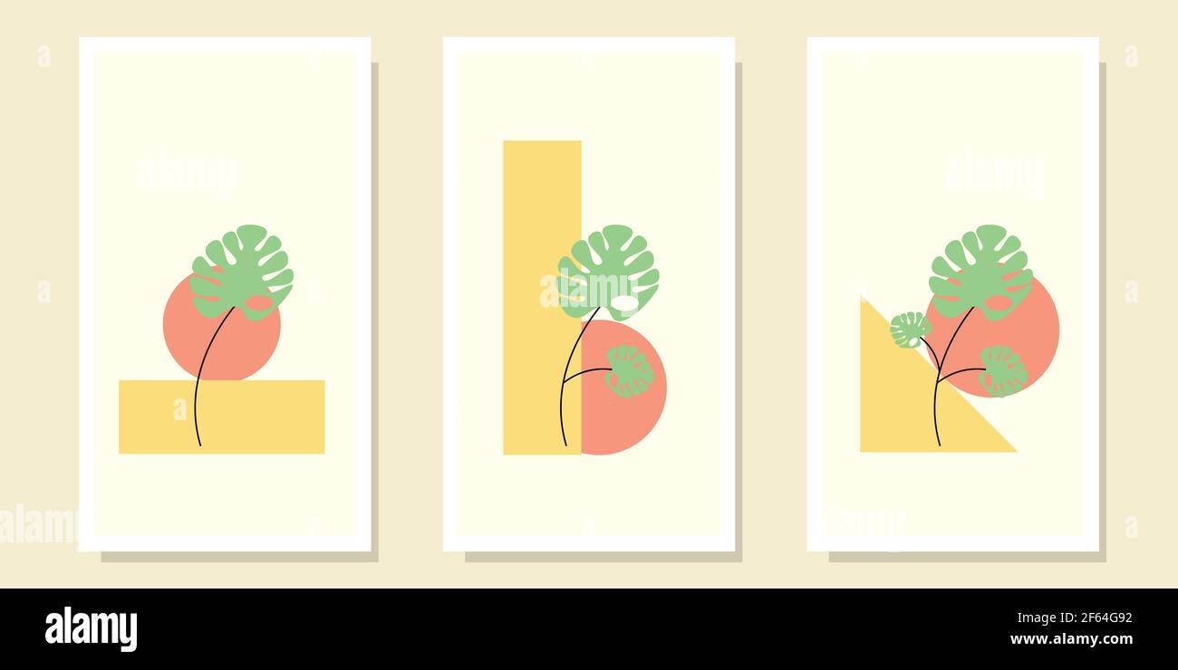 Botanical wall art vector set. Tropical Foliage line art drawing with abstract shape. for wall art, wallpaper, Minimal and natural. Vector illustratio Stock Vector