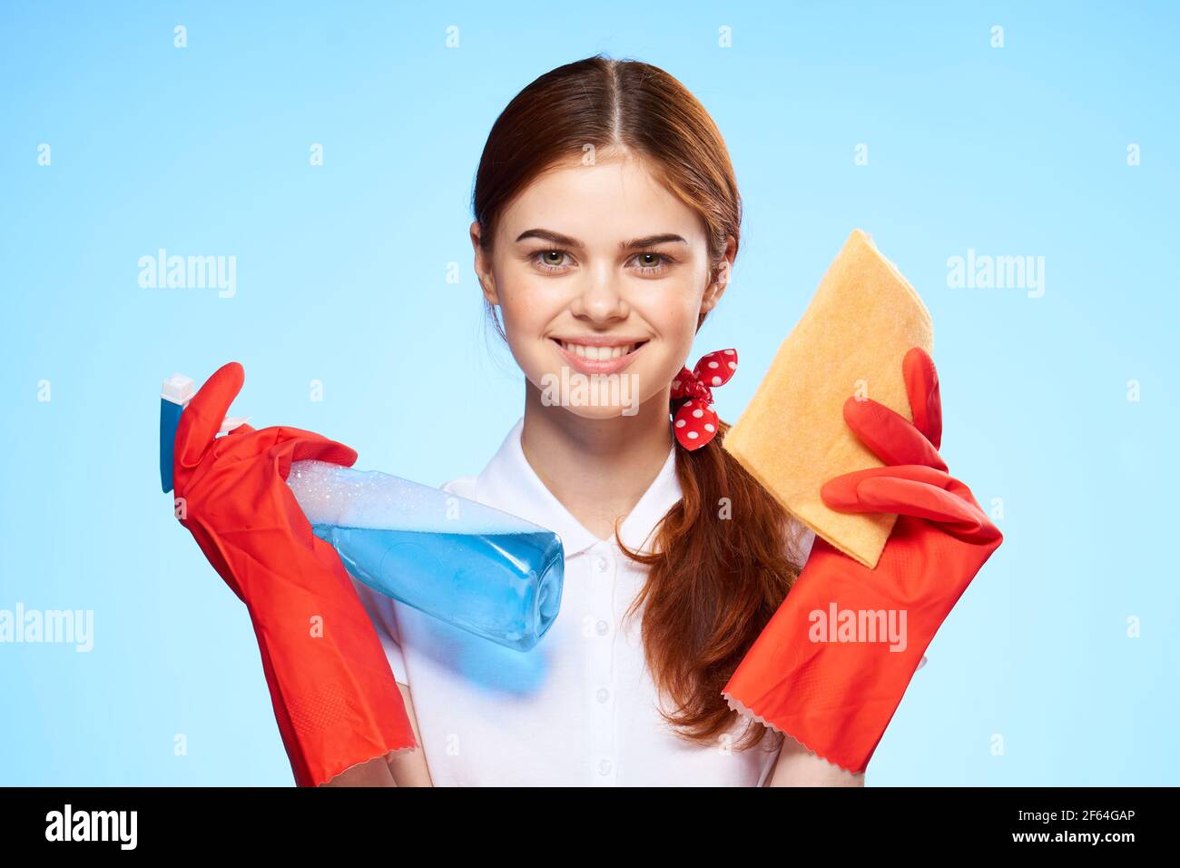 professional cleaning lady detergent rags service blue background Stock