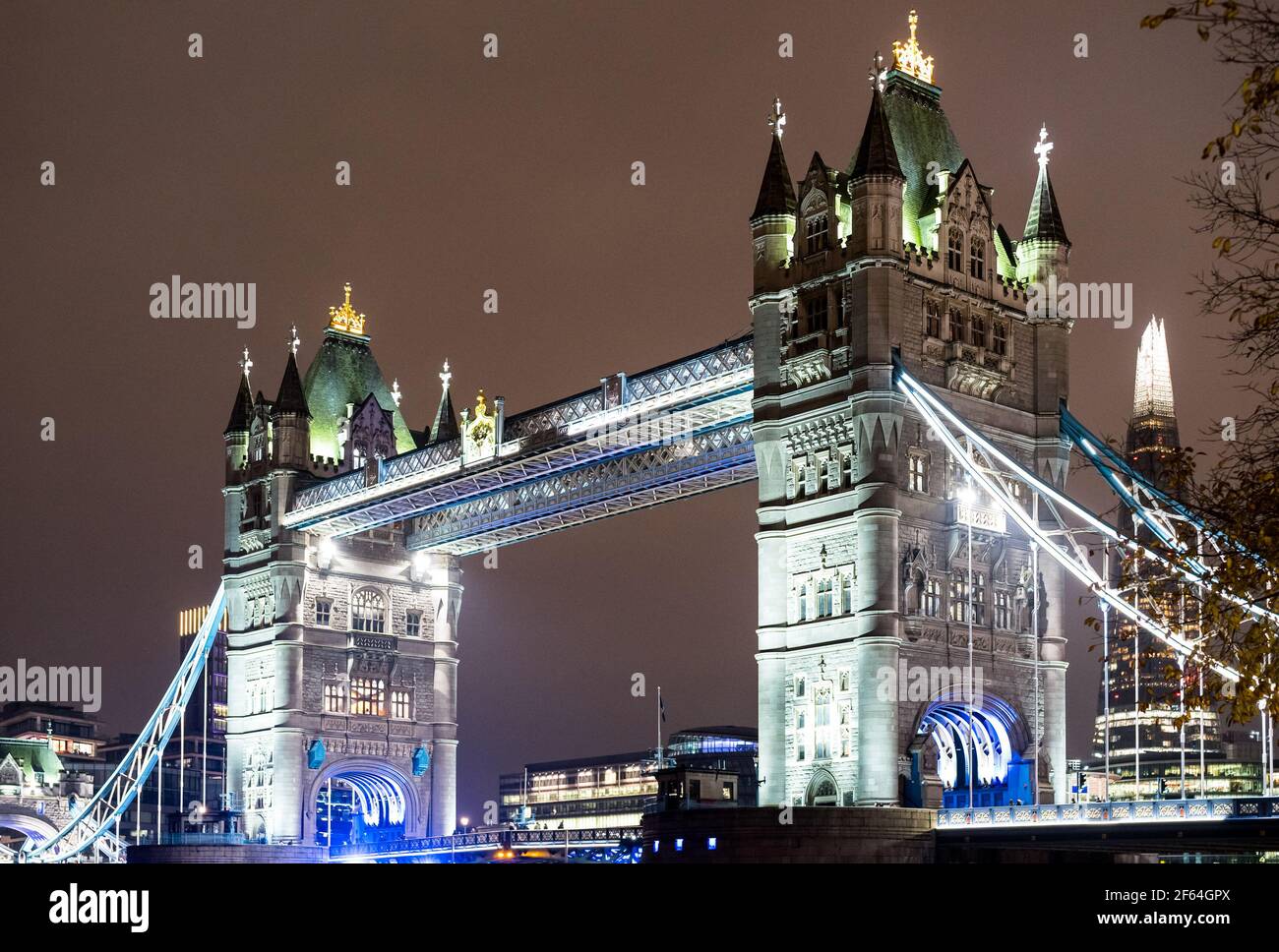 Night view of world famous Tower Bridge in London capital city of United Kingdom - Architecture and travel concept with majestic landmark Stock Photo