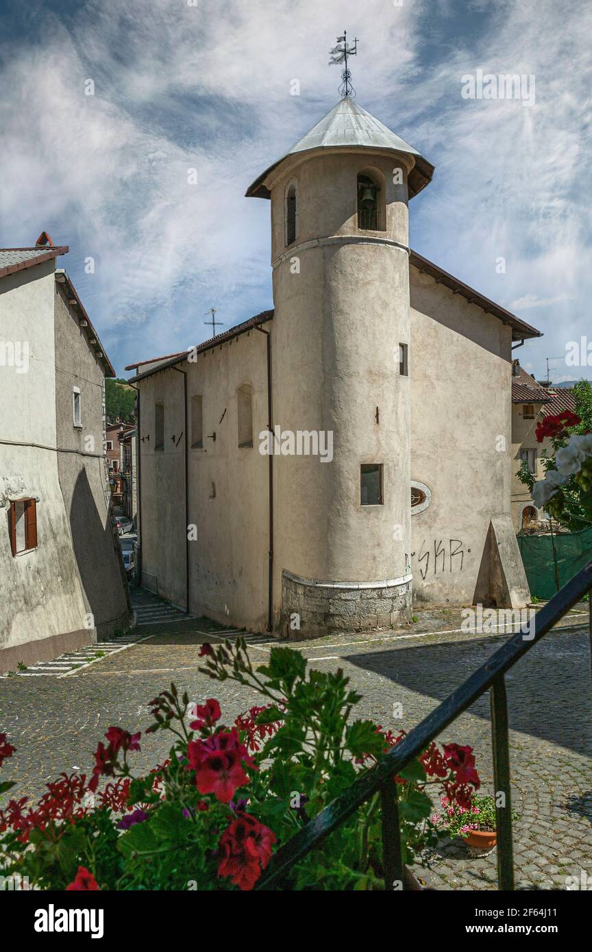 the bell tower of the church of the Madonna del Carmelo in Pescasseroli. Province of L'Aquila, Abruzzo, Italy, Europe Stock Photo