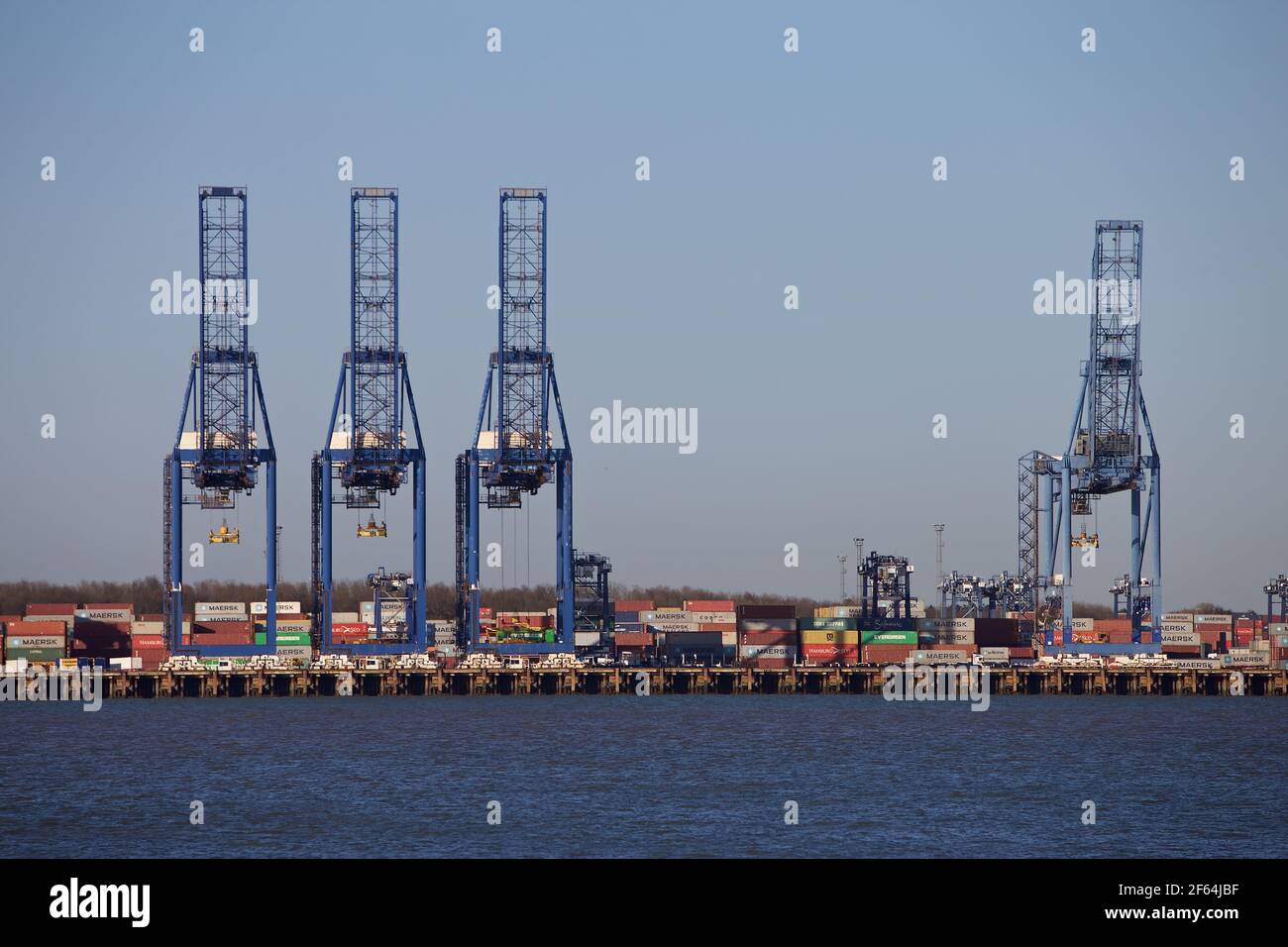 Gantry cranes stand idle (29 March 2021) due to shipping delays caused by the container ship Ever Given running aground and blocking the Suez Canal. Stock Photo