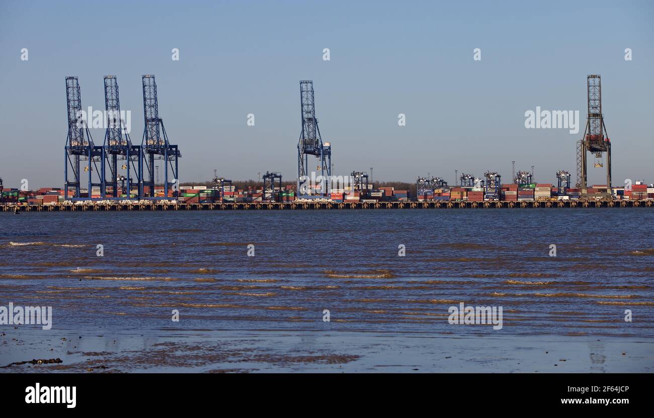 Gantry cranes stand idle (29 March 2021) due to shipping delays caused by container ship Ever Given running aground and blocking the Suez Canal. Stock Photo