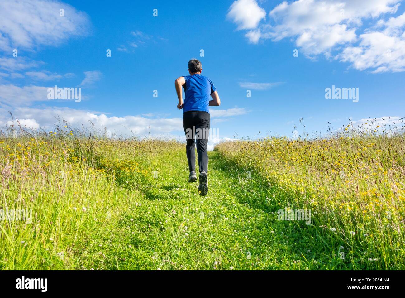 Rear view of mature man running, jogging uphill on grass footpath on hill in countryside. UK Stock Photo