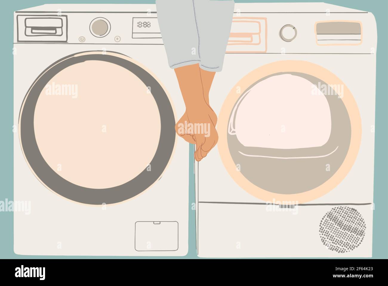 Washing and drying machine in laundry. Women's legs hang over washing