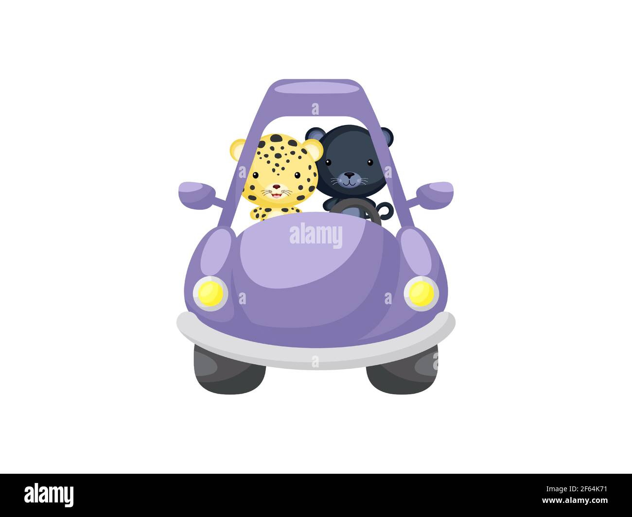 Cute little jaguar and panther driving purple car. Cartoon character for childrens book, album, baby shower, greeting card, party invitation, house in Stock Vector
