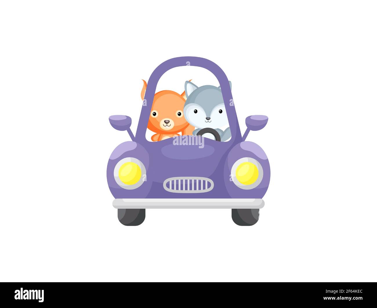 Cute little squirrel and wolf driving purple car. Cartoon character for childrens book, album, baby shower, greeting card, party invitation, house int Stock Vector