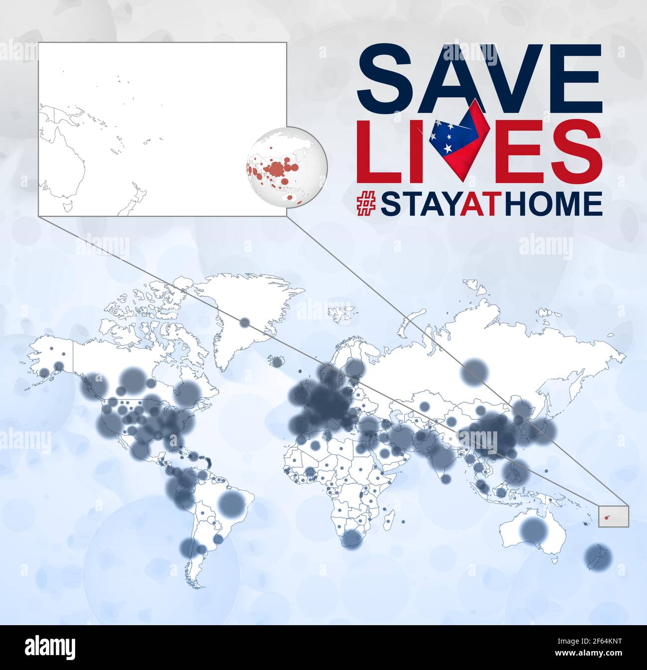 World Map with cases of Coronavirus focus on Samoa, COVID-19 disease in Samoa. Slogan Save Lives with flag of Samoa. Vector template. Stock Vector