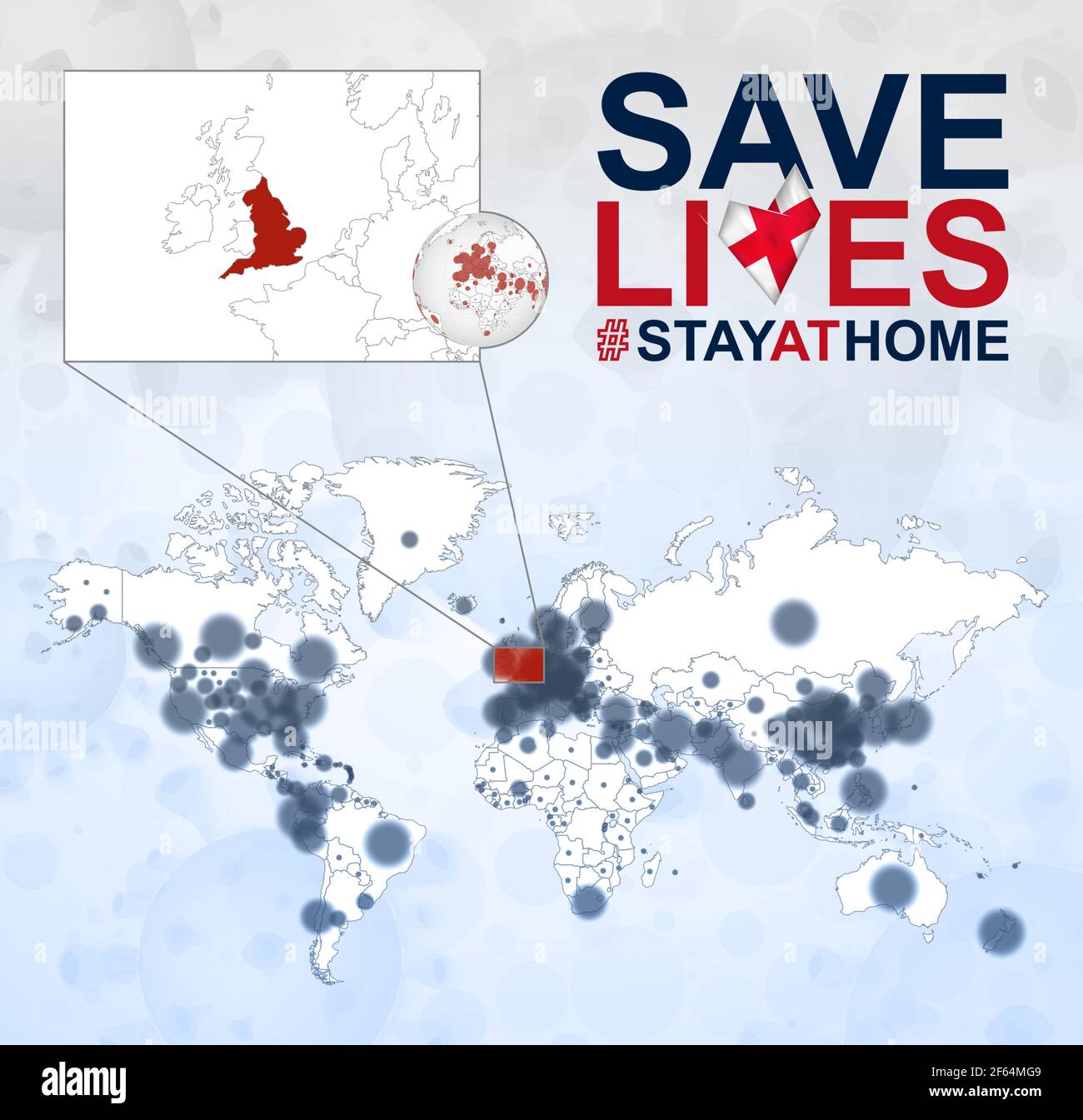 World Map with cases of Coronavirus focus on England, COVID-19 disease in England. Slogan Save Lives with flag of England. Vector template. Stock Vector