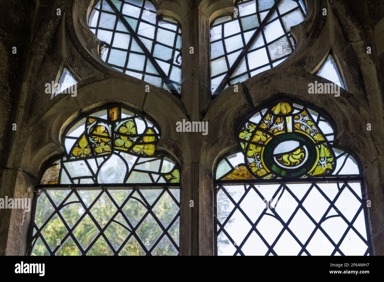 Fragments of Medieval stained glass, church of the Holy Cross in the