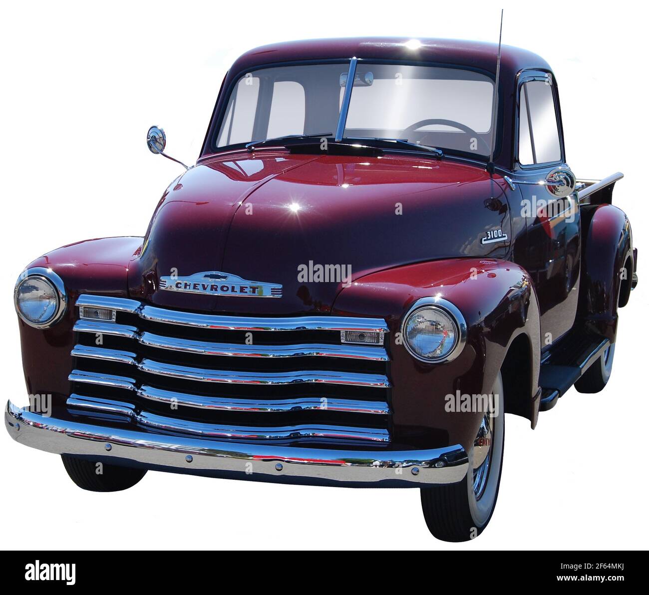 1949 red Chevy Pickup Truck with chrome grill. Stock Photo