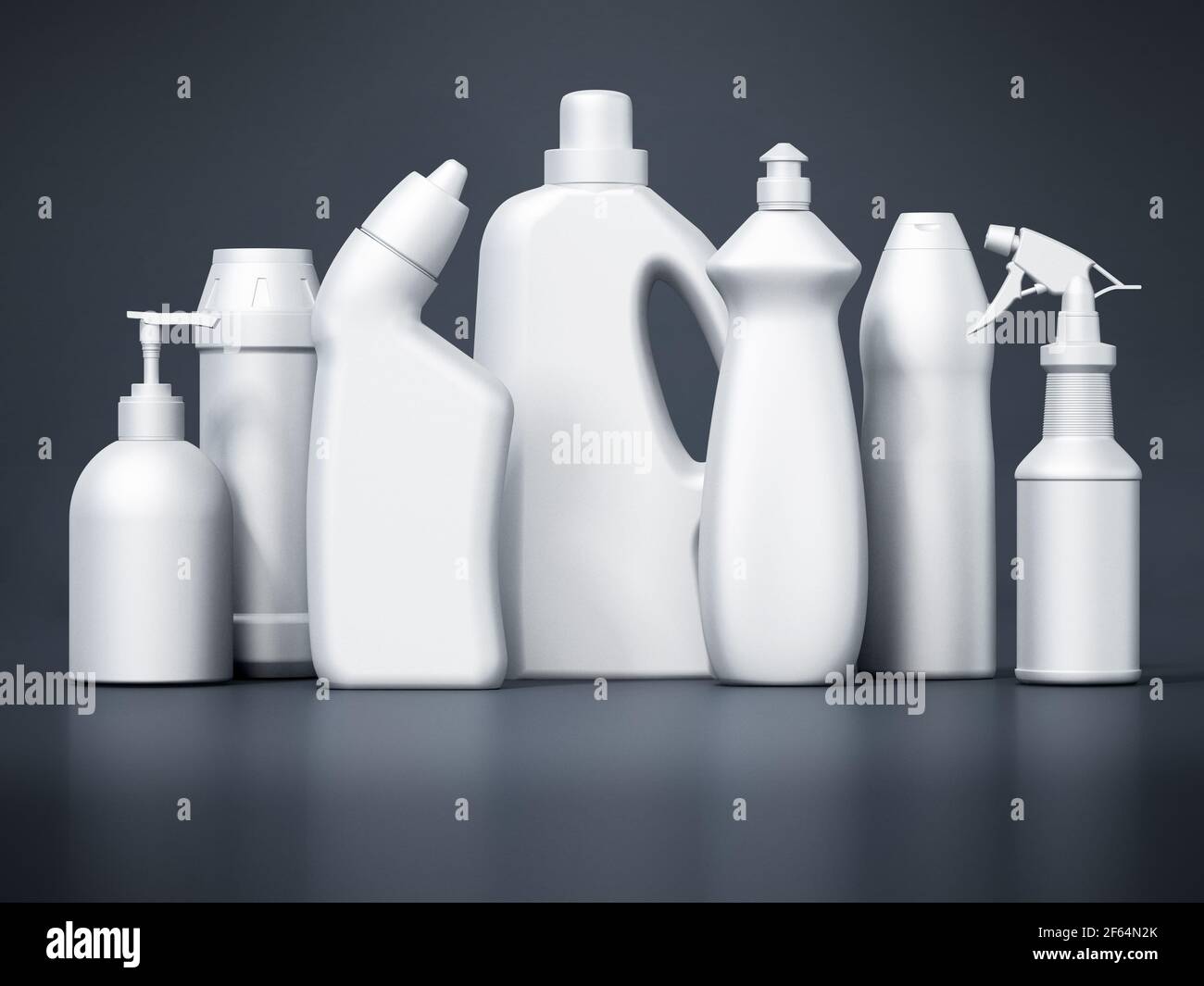 Blank cleaning product packages isolated on black background. 3D illustration. Stock Photo