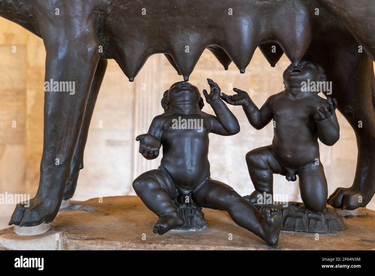 Capitoline Wolf (Lupa Capitolina) with twins Romulus and Remus, bronze sculpture in Capitoline Museums (Musei Capitolini), Rome, Italy Stock Photo