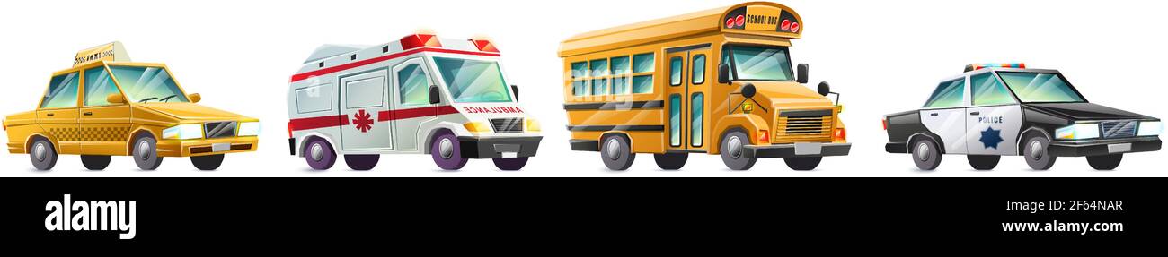 Vector cartoon collection of cars, yellow taxi, ambulance, school bus and police car. Isolated on white background. Stock Vector