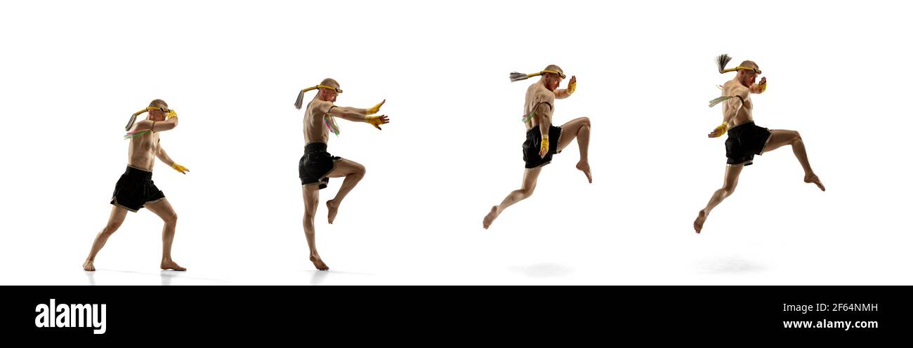 Young man thai boxer on white background in motion of step to step knee ...