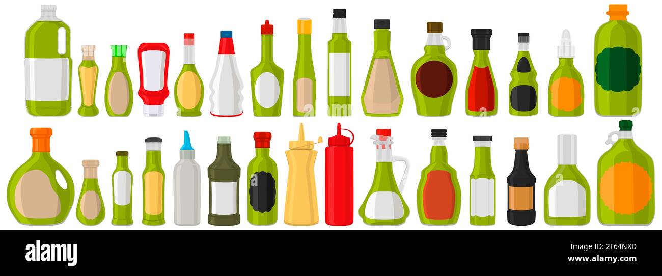 Illustration on theme big kit varied glass bottles filled thick sauce wasabi. Bottles consisting from sauce wasabi, empty labels for titles. Sauce was Stock Vector