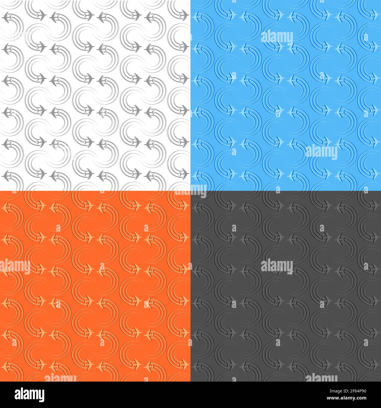 set of seamless patterns with aircraft icon with round trail of movement. Ornament for decoration and printing on fabric. Design element. Vector Stock Vector