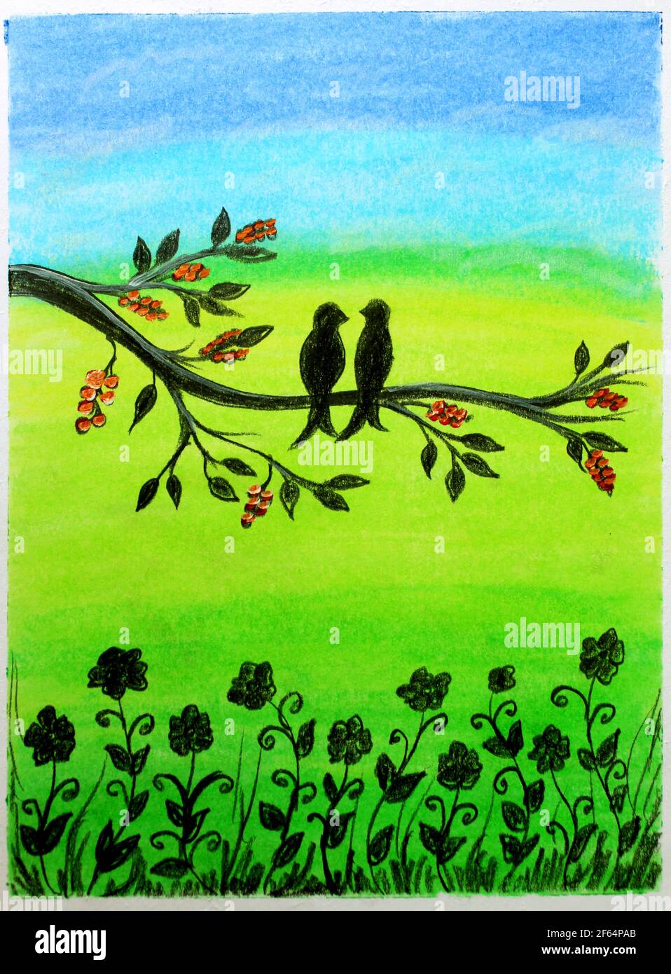 Love bird Scenery drawing with green nature background, silhouette ...