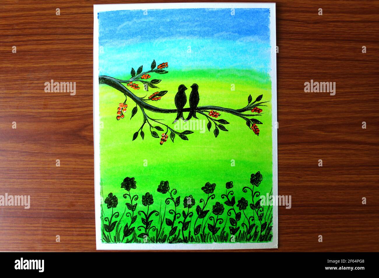 Love bird Scenery drawing with green nature background, silhouette ...