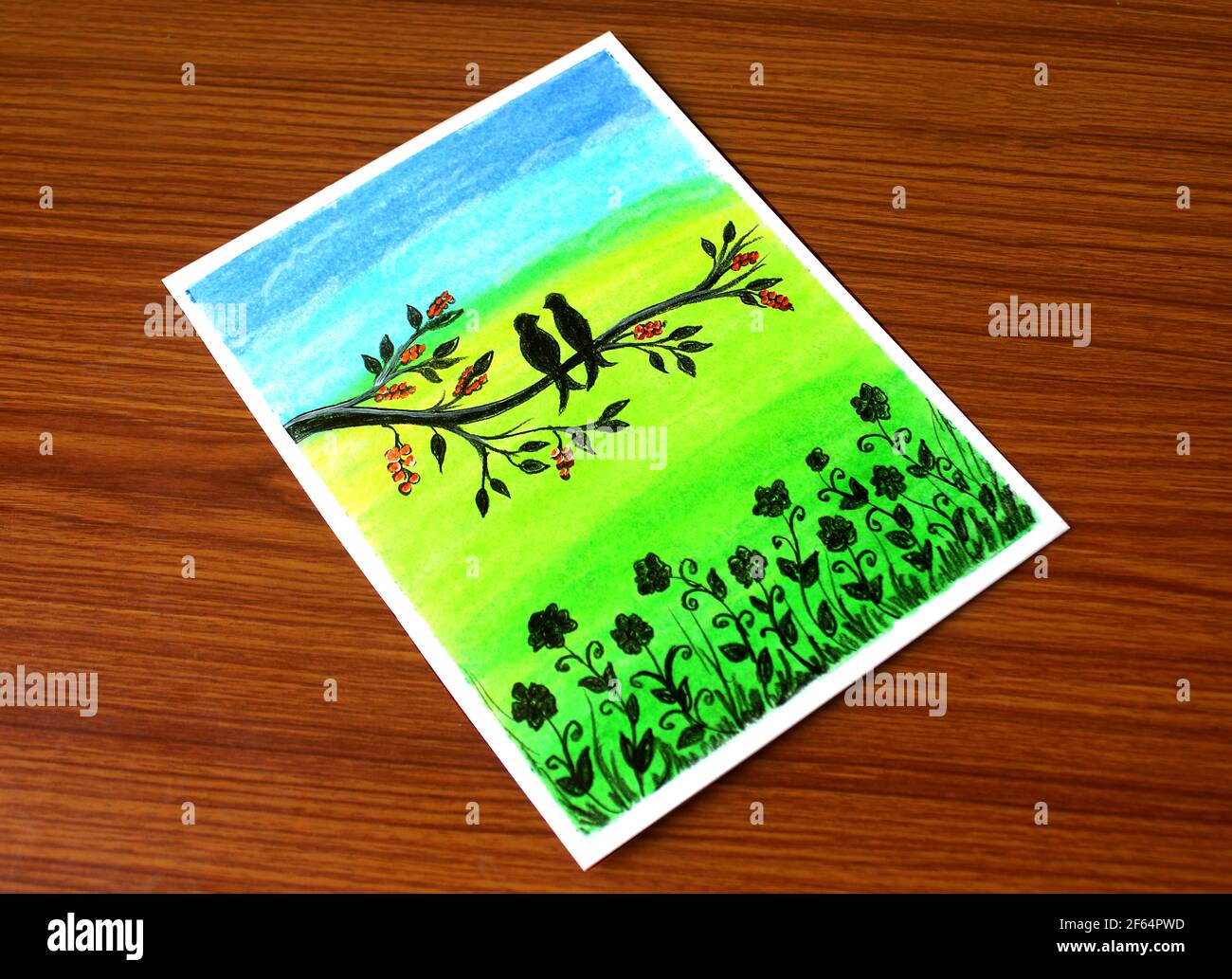 Love bird Scenery drawing with green nature background, silhouette ...