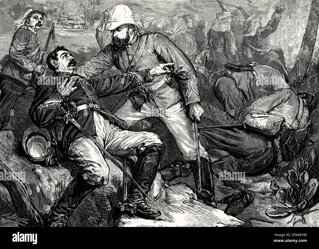 Wounded Lt-Col. William Case and Captain Alfred Bassano, Battle of Chinhat, Siege of Lucknow, Indian Rebellion, 30 June 1857 Stock Photo