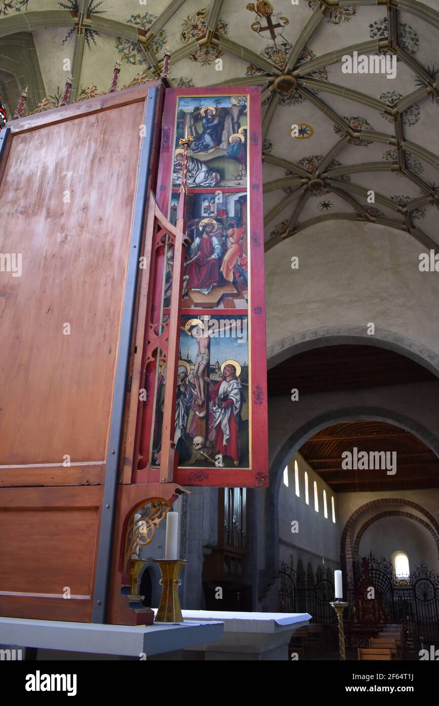 Reichenau-Mittelzell. Münster St Maria und St Markus.  Gothic winged altar by Rudolf Stahel (1498) with the coronation of Mary. All Saints Altar. Stock Photo