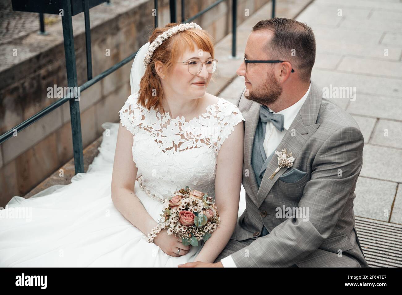 Bridal couple looking at each other Stock Photo